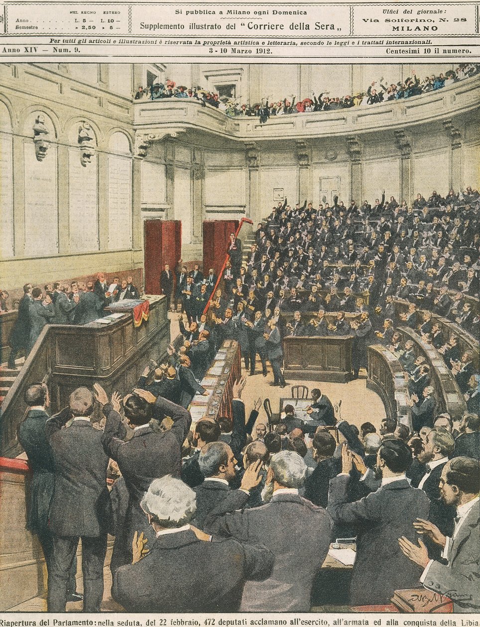 Återöppning av det italienska parlamentet på kvällen den 22 februari, jubel av armén efter dess framgångsrika kampanj i Libyen, av Achille Beltrame, illustration, illustratör Achille Beltrame (1871-1945), från La Domenica del Corriere, 3 mars 1912 av Achille Beltrame