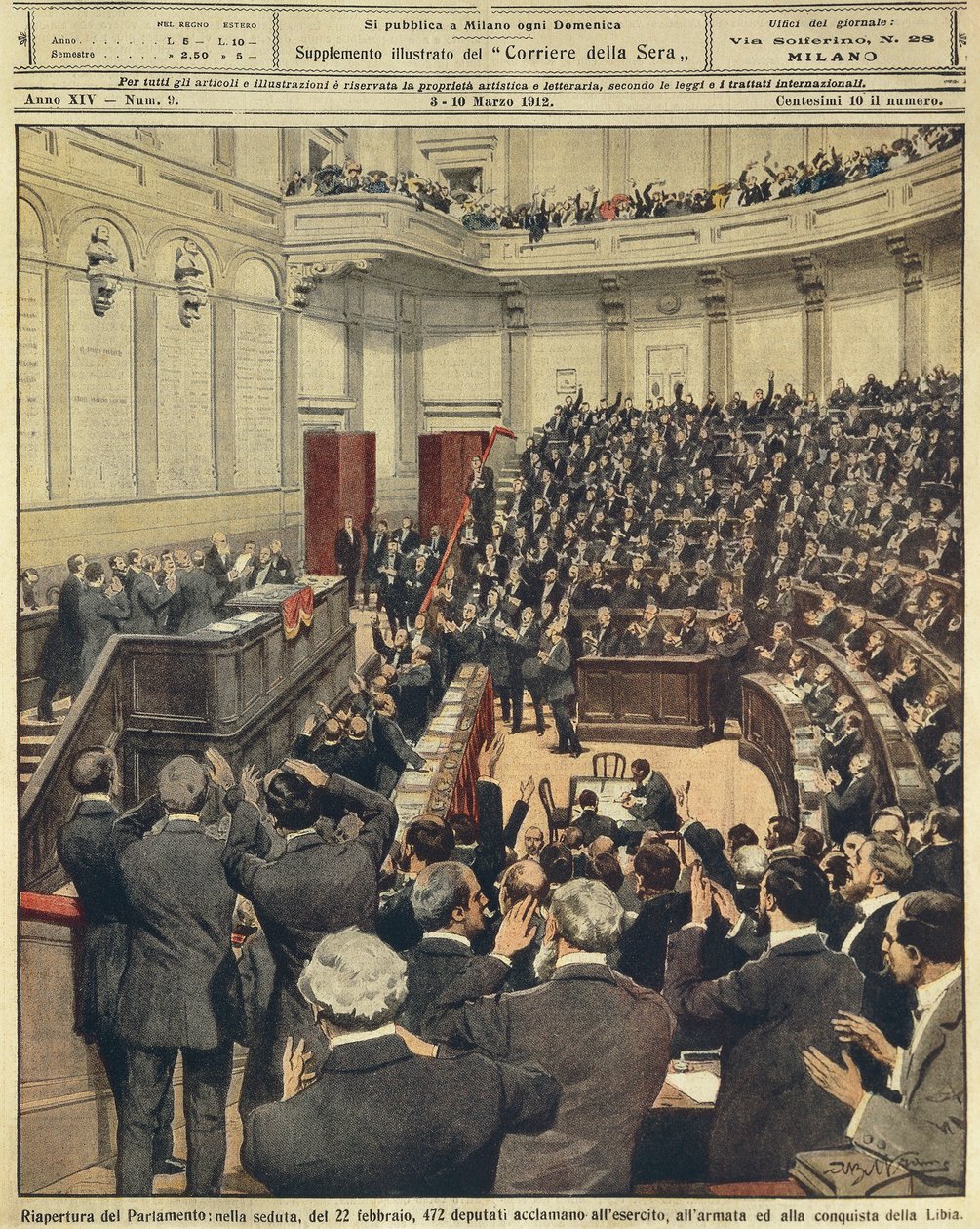 Återöppning av det italienska parlamentet på kvällen den 22 februari, jubel av armén efter dess framgångsrika kampanj i Libyen, av Achille Beltrame, illustration, illustratör Achille Beltrame (1871-1945), från La Domenica del Corriere, 3 mars 1912 av Achille Beltrame