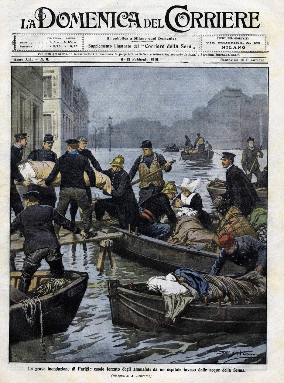 Räddning av sjuka i Paris under översvämningarna i februari 1910. Omslag till "" domenica del corriere""".13 februari 1910 illustration av Achille Beltrame av Achille Beltrame