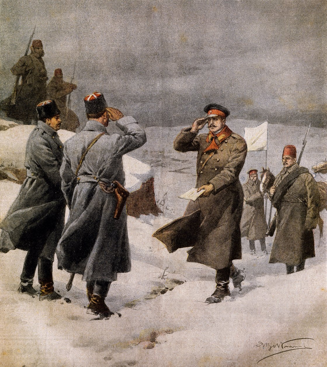 Återupptagande av kriget, turkisk parlamentsledamot anländer till bulgariskt läger med ett meddelande om vapenstilleståndets slut, av Achille Beltrame (1871-1945), illustration från La Domenica del Corriere, 9 februari. av Achille Beltrame