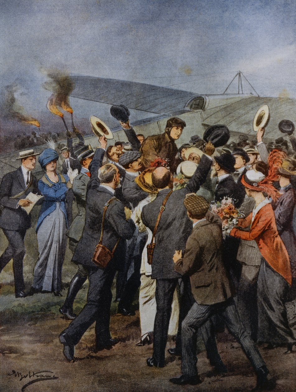 Återvänd till Turin av flygaren Perrylon, efter att ha flugit på en enda dag till Rom, Italien, illustration av Achille Beltrame från La Domenica del Corriere, 15 juni av Achille Beltrame