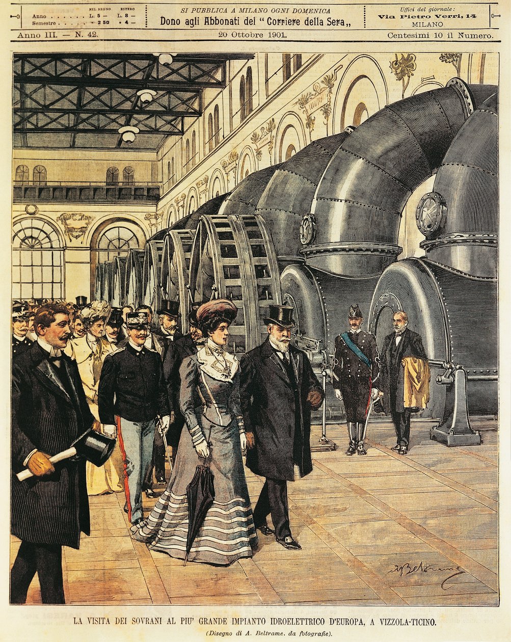 Kungligheter besöker Europas största vattenkraftverk i Vizzola Ticino (Italien), av Achille Beltrame (1871-1945), från La Domenica del Corriere, 20 oktober 1901 av Achille Beltrame