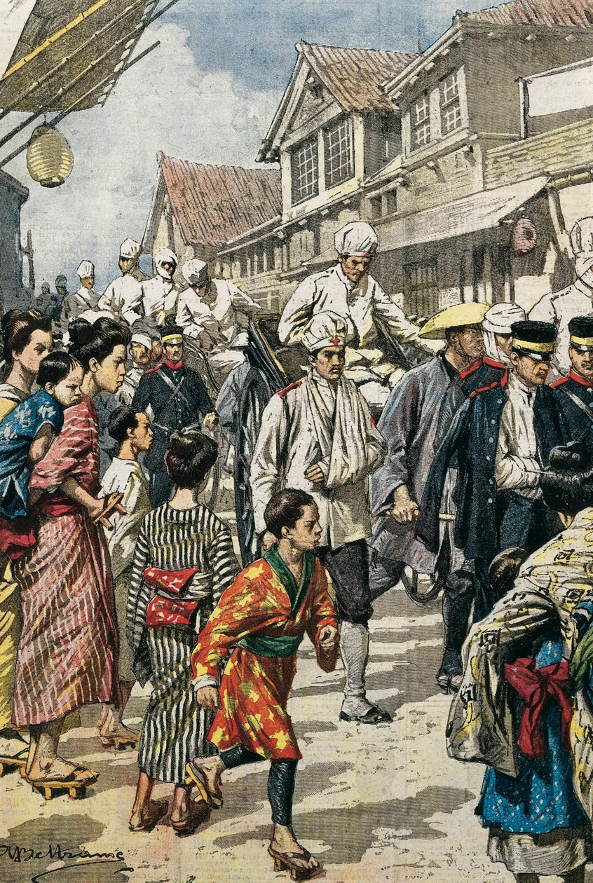 Det rysk-japanska kriget (1904-1905). Ankomst till Tokyo av de första skadade i slaget vid Ya-Lu (februari 1904). Bild av Achille Beltrame för "La Domenica del Corriere". Etsning. av Achille Beltrame