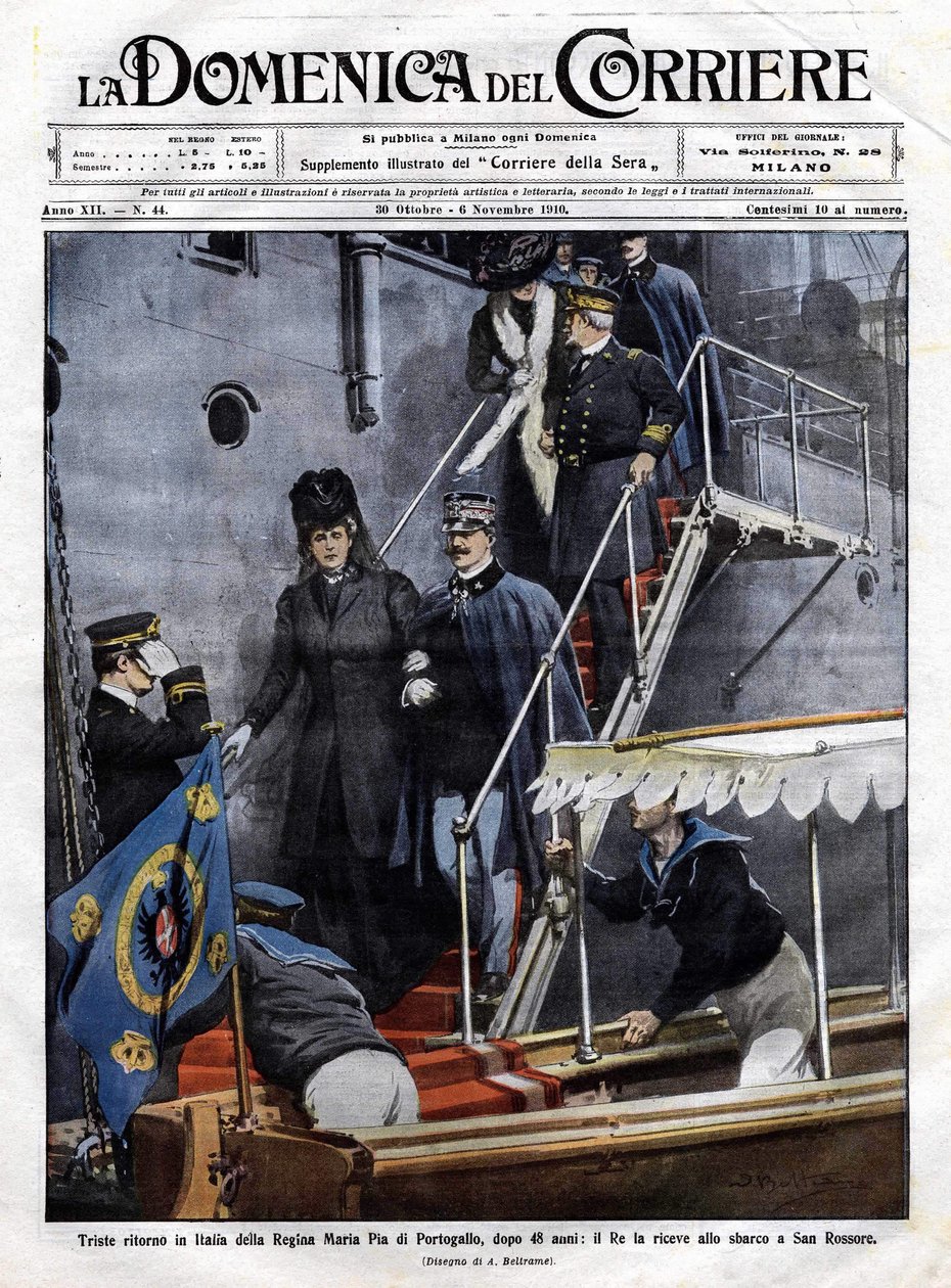 Victor Emmanuel III (Victor-Emmanuel) (Vittorio Emanuele) tog emot den i San Rossore, Toscana. Illustration av Beltrame. Domenica i Corriere. 1910-11-06. av Achille Beltrame