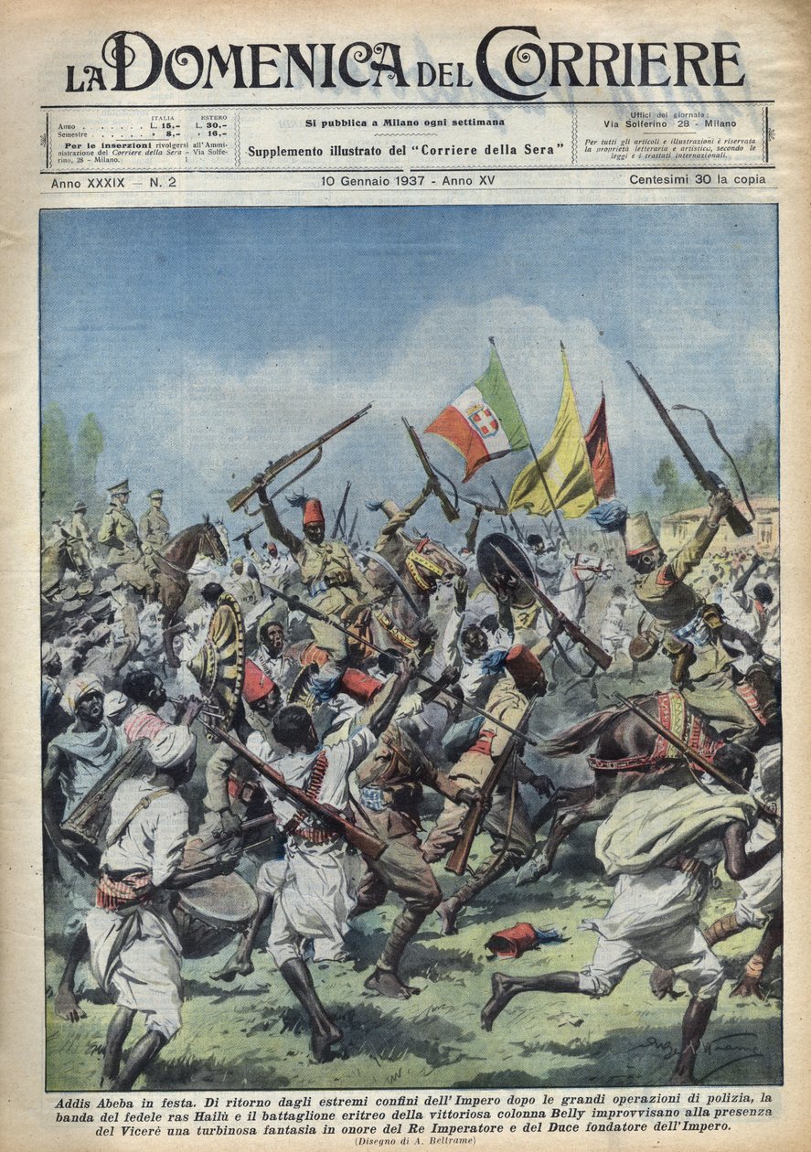 Addis Abeba, Etiopien - Ras Hailou - Stora polisinsatser Parad för att hedra hertigen (Benito Mussolini) och kungen av Etiopien. Illustration av Achille Beltrame i "The Domenica of the Corridor"" 10/01/1 av Achille Beltrame