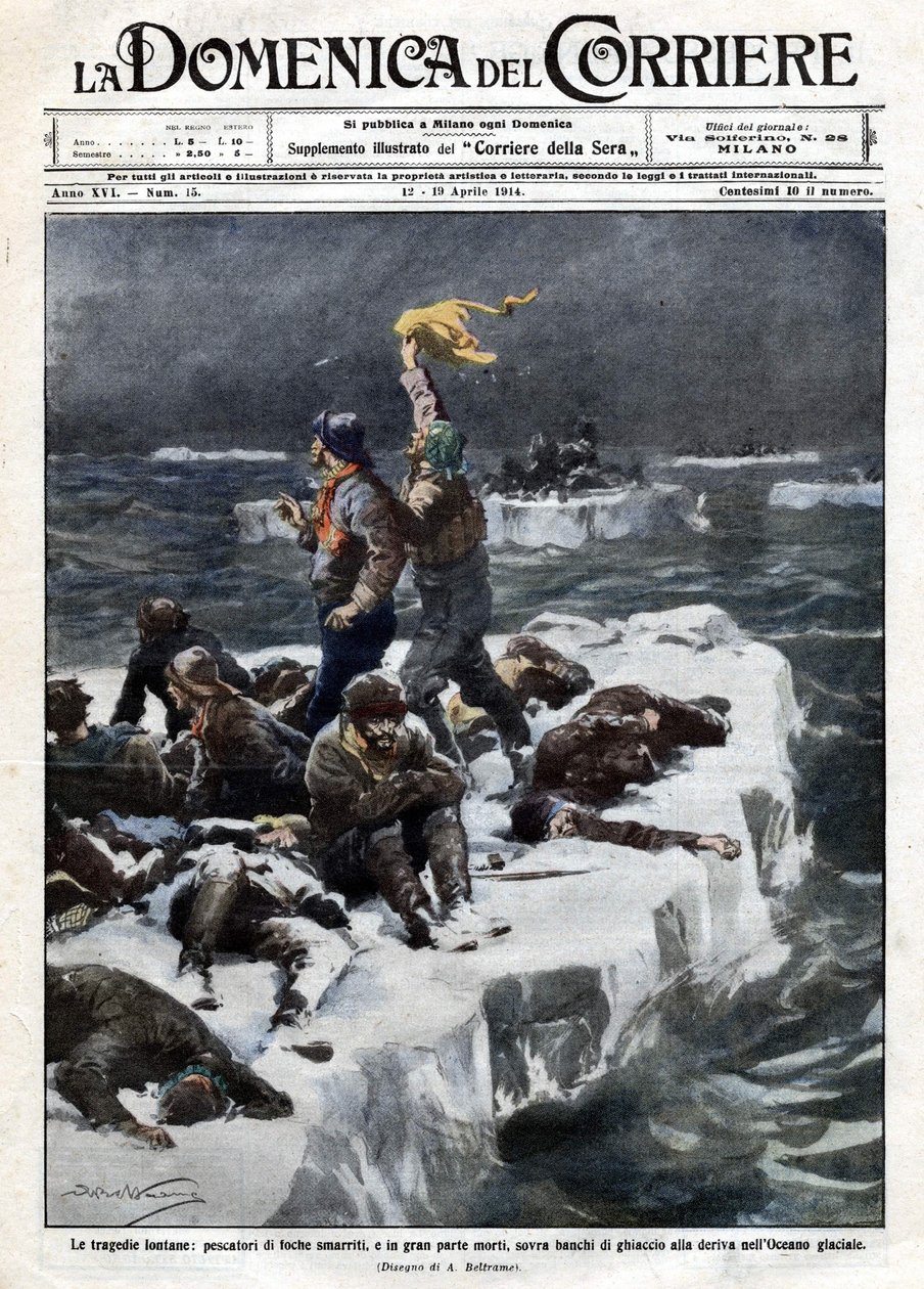 Sälfiskare, av vilka några dog, förblev strandade på havets drivande is. Ill. de Beltrame. "" La Domenica del corriere"". 1914-04-12-19. av Achille Beltrame
