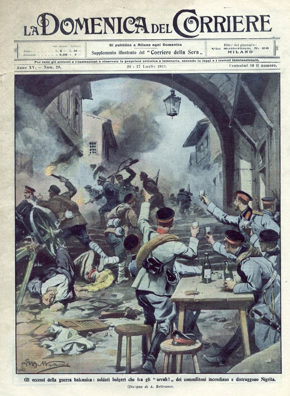 Andra Balkankriget (1913) mellan Bulgarien och Grekland och Turkiet: Bulgariska soldater satte eld och förstör Nigrita i Grekland. La Domenica del Corriere. 07/1913. Illustration av Beltrame. av Achille Beltrame