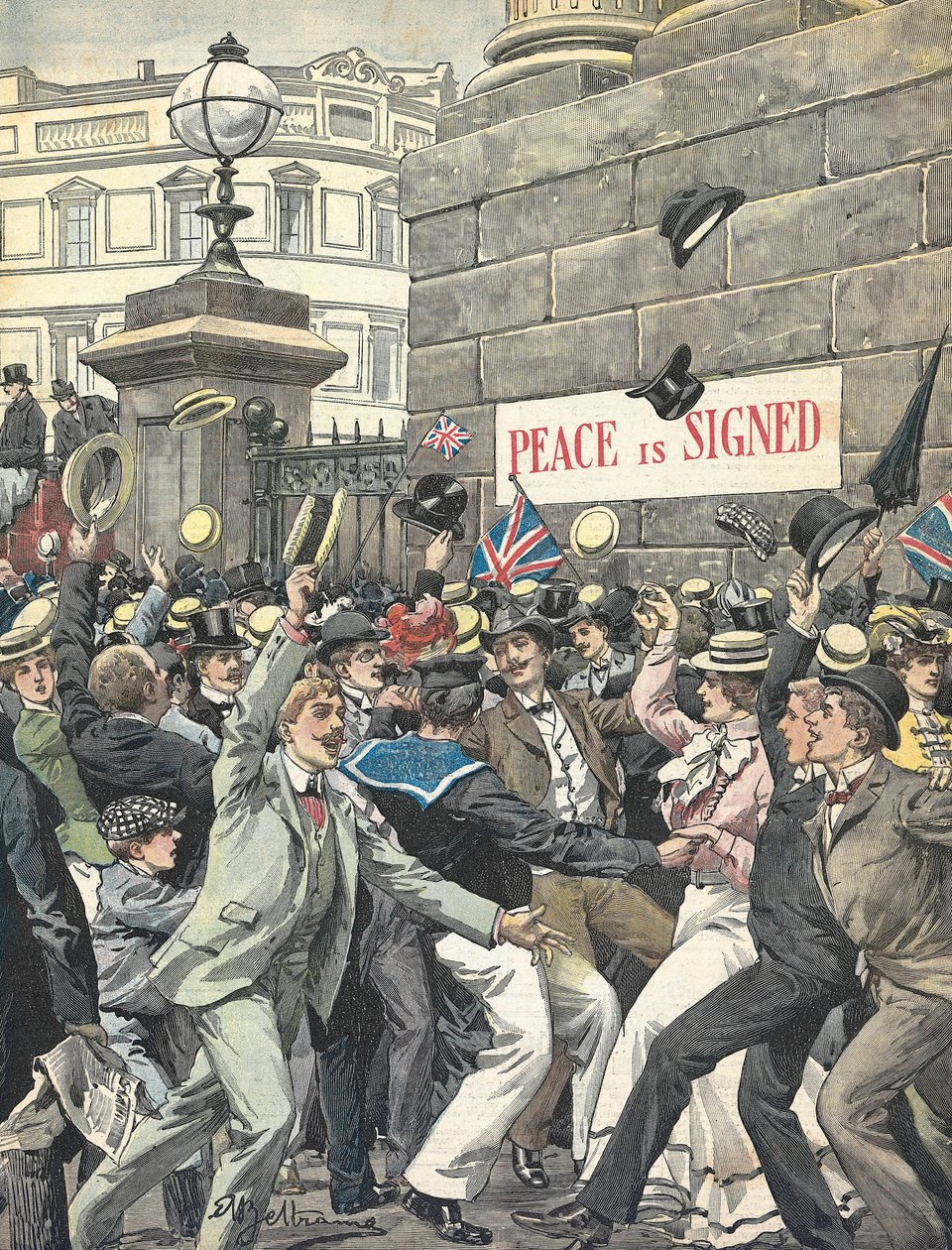 Andra boerkriget. Meddelande om slutet på kriget på Londons gator. Illustration av Antonio Beltrame. "Kurirens Domenica" av Achille Beltrame