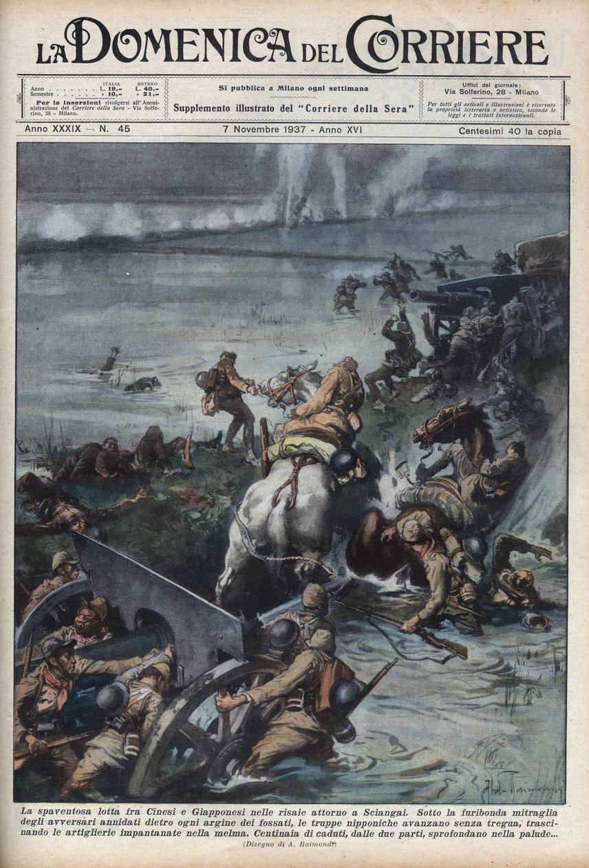 Andra kinesisk-japanska kriget (1937-1945): sammandrabbningar i risfält nära Shanghai. Illustration av Achille Beltrame från "La domenica del corriere"" av 1937-11-07. av Achille Beltrame