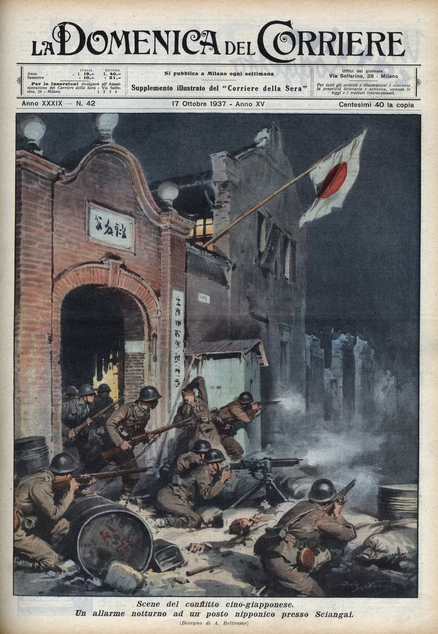 Andra kinesisk-japanska kriget (1937-1945): sammandrabbningar nära Shanghai. Illustration av Achille Beltrame från "La Domenica del Corriere" "av 17/10/1937. av Achille Beltrame