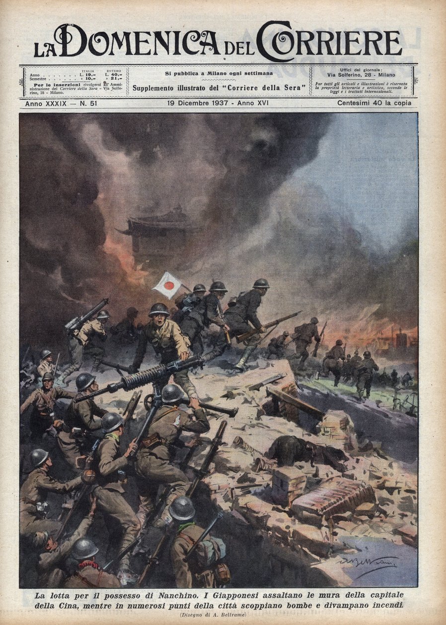 Andra kinesisk-japanska kriget (1937-1945): avsnitt av massakern i Nanjing (påse eller våldtäkt av Nanjing) vid tidpunkten för konflikter om ägandet av regionen. Illustration av Achilles Beltrame i "" La domenica del corriere"" av 1937-12-19 av Achille Beltrame