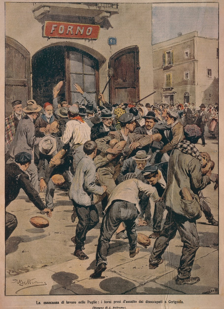 Allvarlig arbetsbrist i Apulien, ugnar som stormas av Cerignolas arbetslösa, av Achille Beltrame, illustration, Illustratör Achille Beltrame (1871-1945), från La Domenica del Corriere, 20 december 1908 av Achille Beltrame