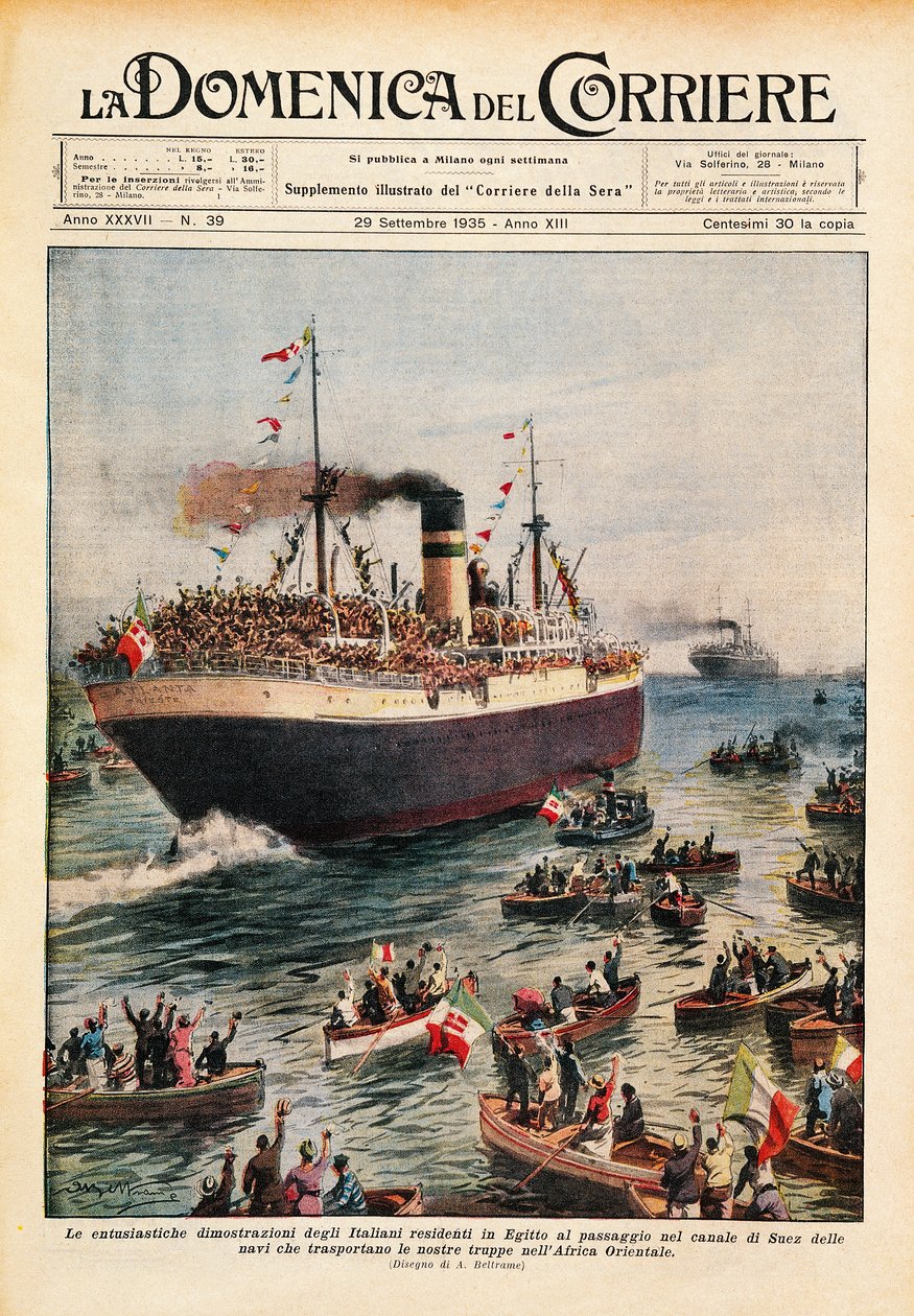 Fartyg som transporterar italienska trupper till Östafrika som korsar Suezkanalen, illustration från La Domenica del Corriere, 20 oktober av Achille Beltrame