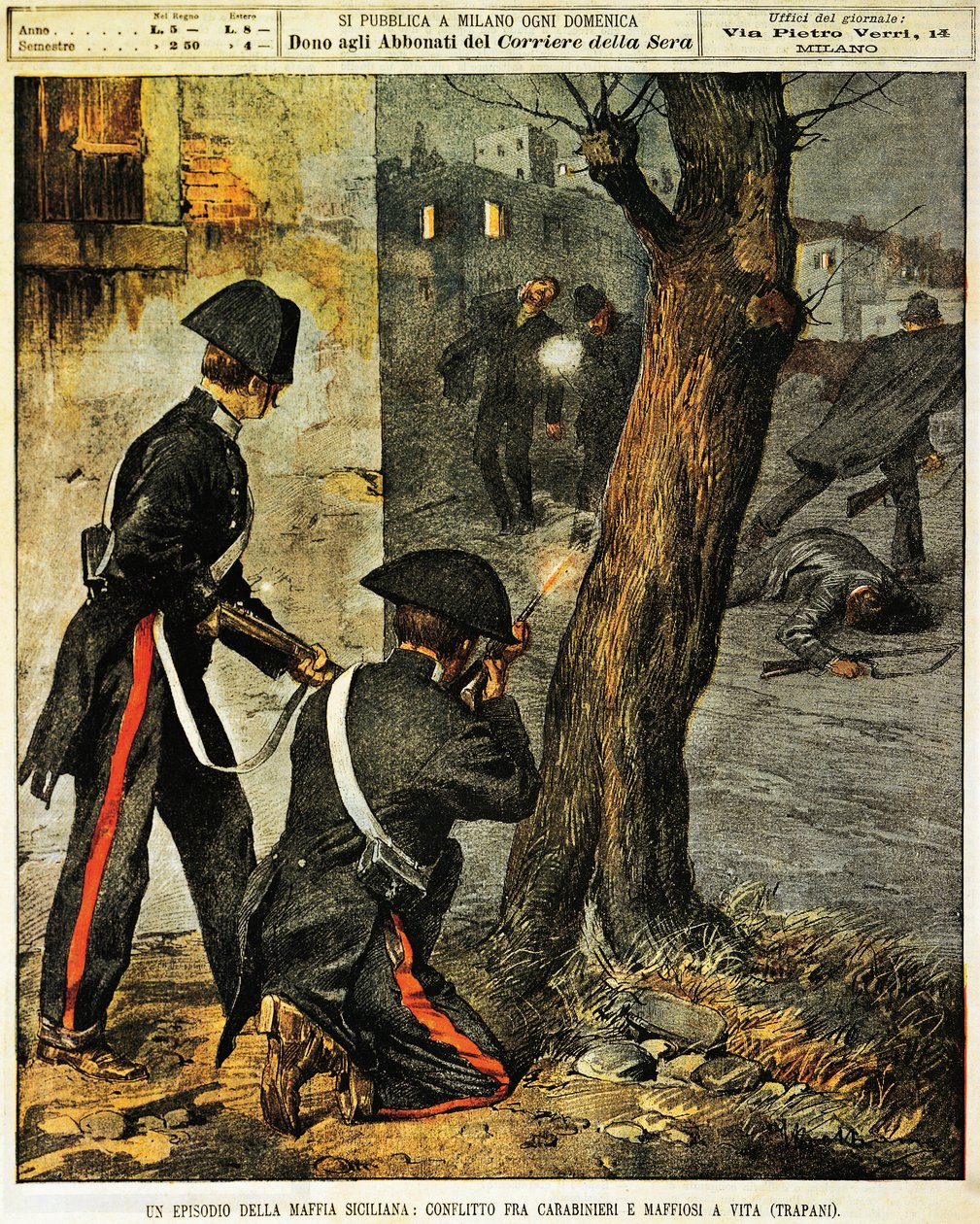 Siciliansk maffiahändelse, Strid mellan carabinieri och maffiagangsters i Trapani, av Achille Beltrame, illustration, illustratör Achille Beltrame (1871-1945), från La Domenica del Corriere, 31 december 1899 av Achille Beltrame