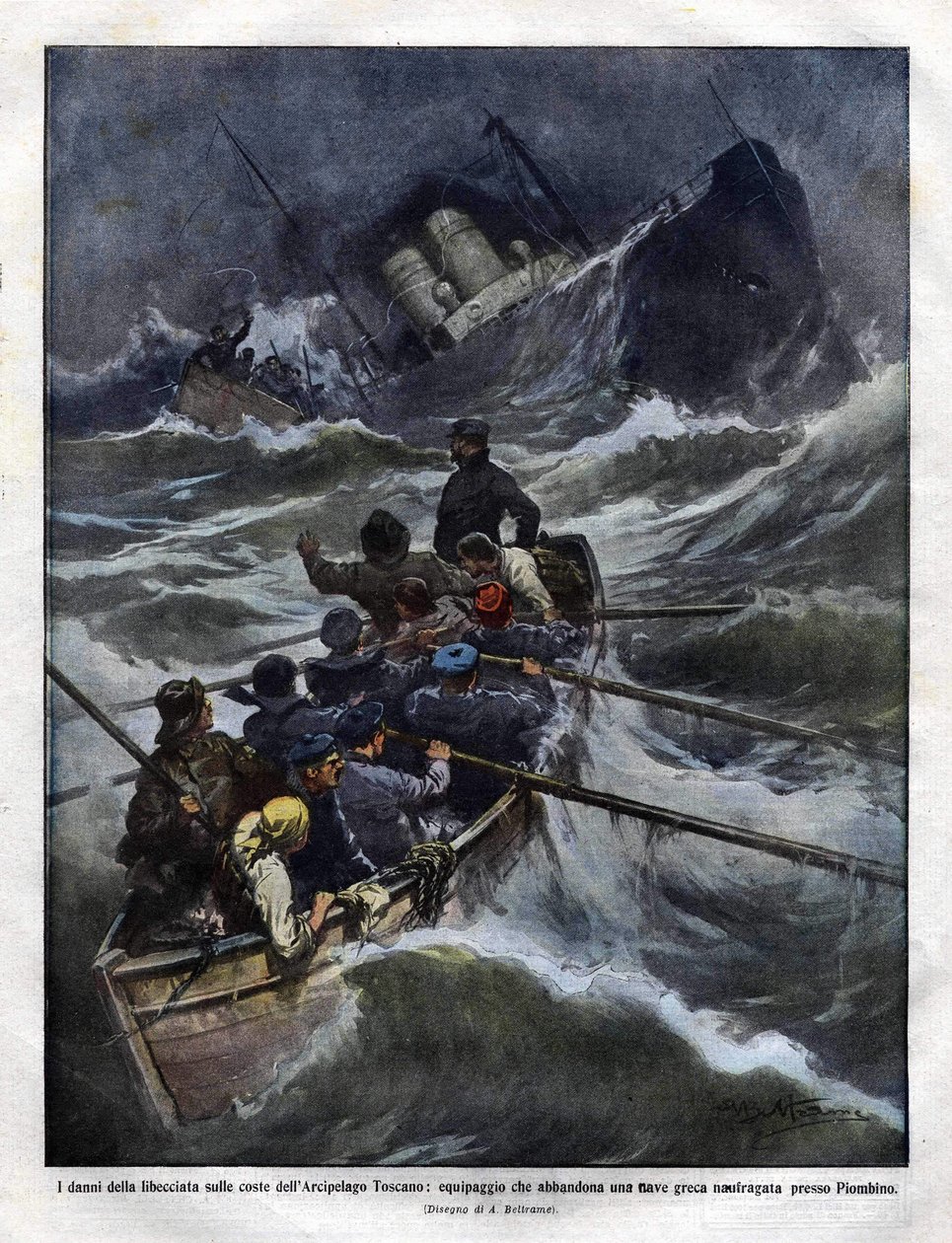 Förlisning av en italiensk båt utanför Toscana 1910. illustration av Achilles Beltrame av Achille Beltrame