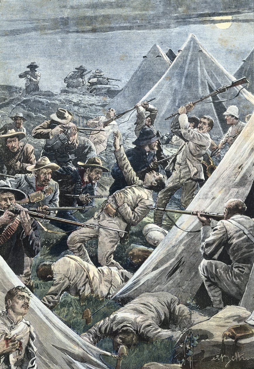 Sydafrika. Andra boerkriget. Attack mot det engelska lägret Tweefontein (1902). Illustration av Achille Beltrame. Gravyr. av Achille Beltrame