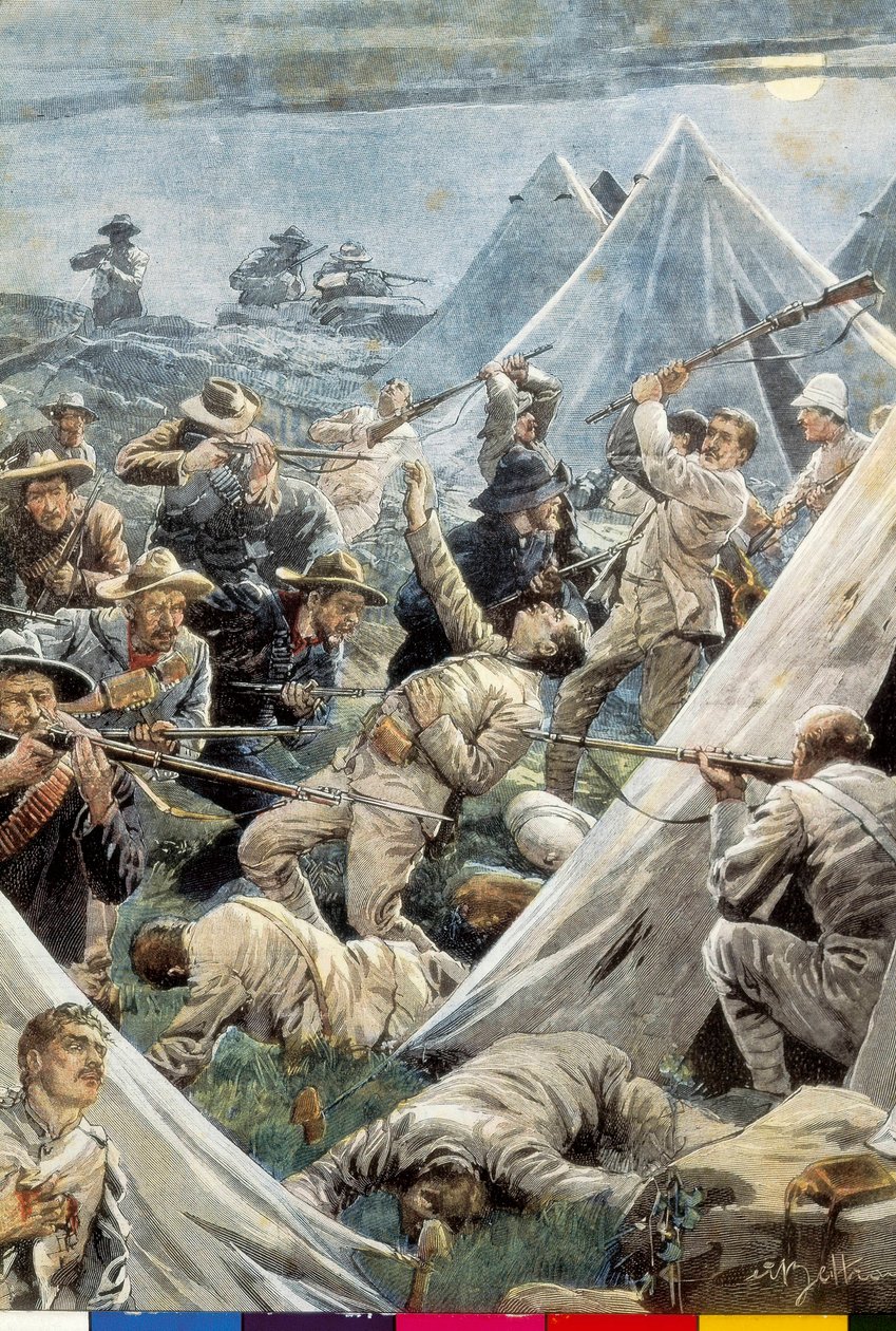 Sydafrika. Andra boerkriget. Attack mot det engelska lägret Tweefontein (1902). Illustration av Achille Beltrame. Gravyr. av Achille Beltrame