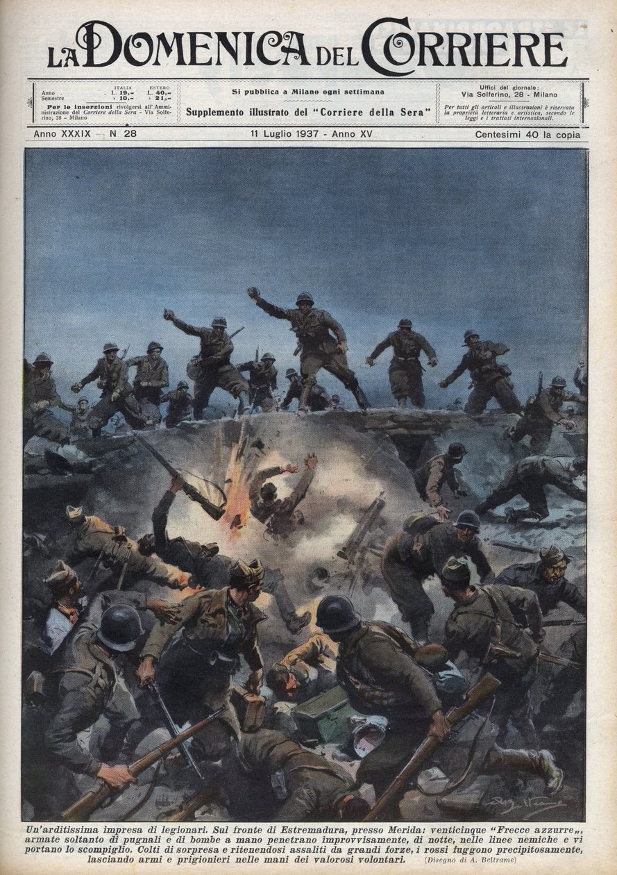 Spanska inbördeskriget: En division av italienska frivilliga flyr från den spanska republikanska armén i Merida-regionen, Spanien. Illustration av Achille Beltrame i "La domenica del Corriere"" av 1937-07-11. av Achille Beltrame