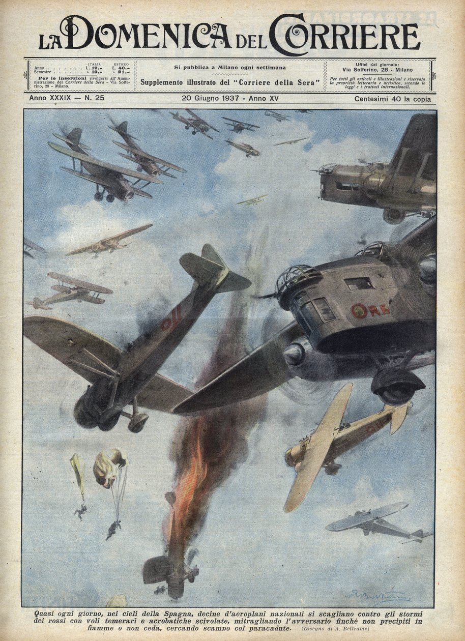 Spanska inbördeskriget: Luftkrockar mellan republikanska och nationalistiska flygplan över Spanien i krig. Illustration av Achille Beltrame i "La domenica del Corriere"" av 1937-06-20. av Achille Beltrame