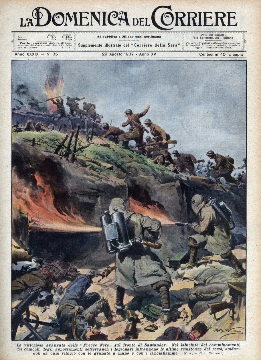 Spanska inbördeskriget: Ansändare av "Frecce nere"-brigaderna på Santander-fronten. Illustration av Achille Beltrame från "La domenica del corriere"" av 1937-08-29. av Achille Beltrame