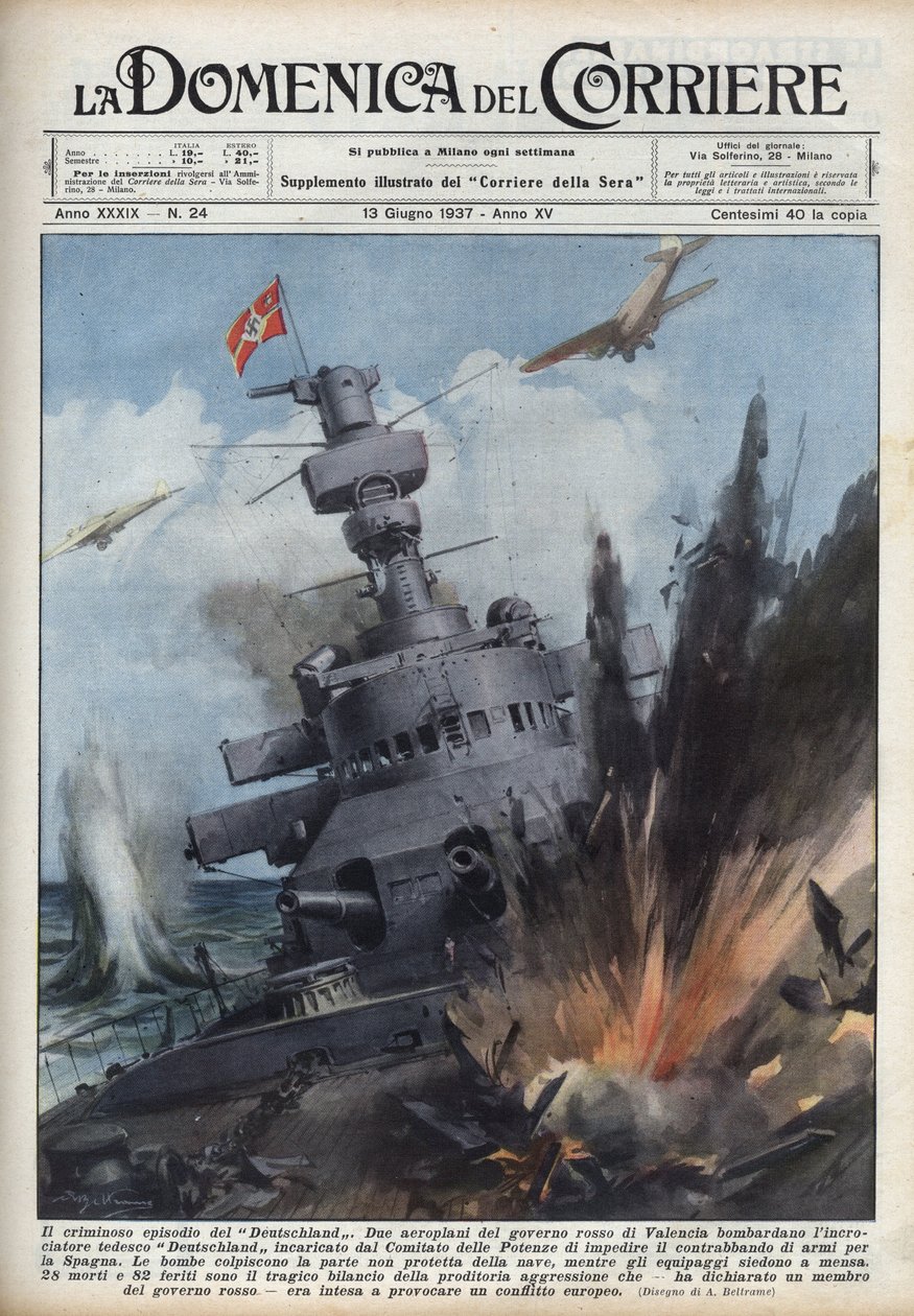 Spanska inbördeskriget: Två plan från den republikanska regeringen i Valencia bombade den tyska kryssaren Deutschland för att förhindra vapenhandel till Spanien. Illustration av Achille Beltrame i "La domenica del Corriere"" av 1937-06-13. av Achille Beltrame