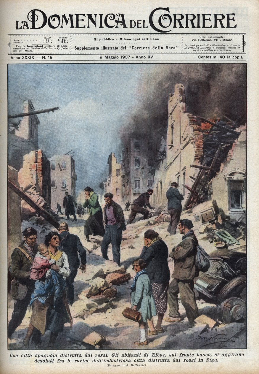 Spanska inbördeskriget: utsikt över ruinerna av staden Eibar i Baskien ödelade av det röda. Illustration av Achille Beltrame i "La domenica del Corriere"" av 1937-05-09. av Achille Beltrame