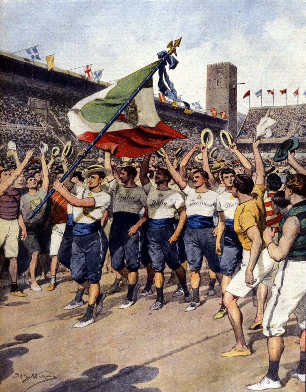 Olympiska spelen i Stockholm 1912: det vinnande italienska gymnastiklaget. Ill. d