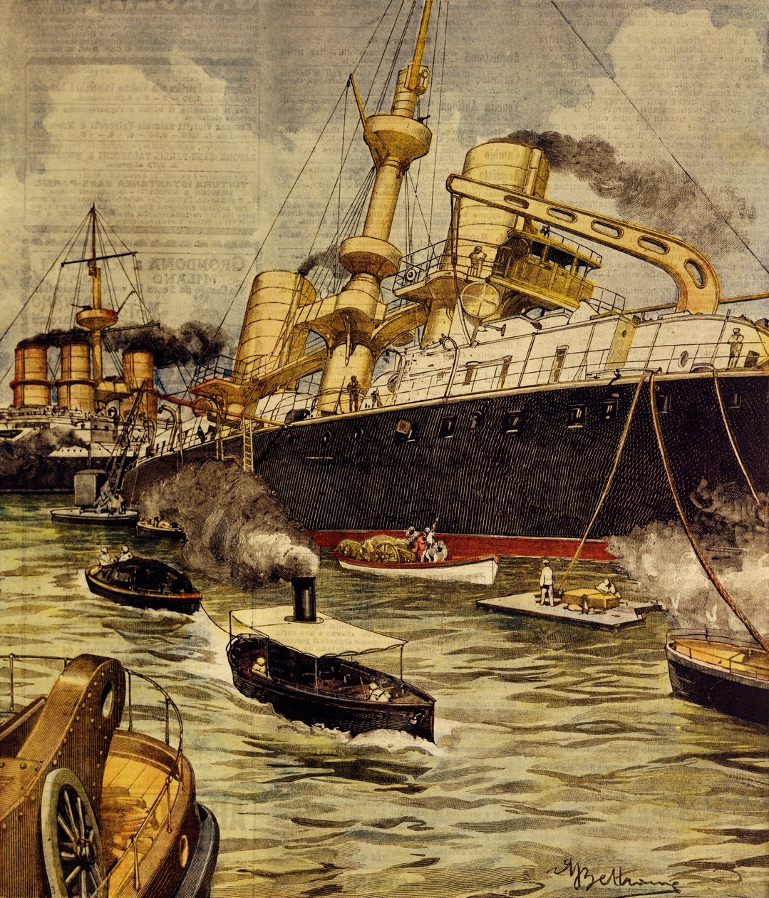 Slagskeppet Andrea Doria gick på grund nära Gallipoli, av Achille Beltrame (1871-1945), från La Domenica del Corriere av Achille Beltrame