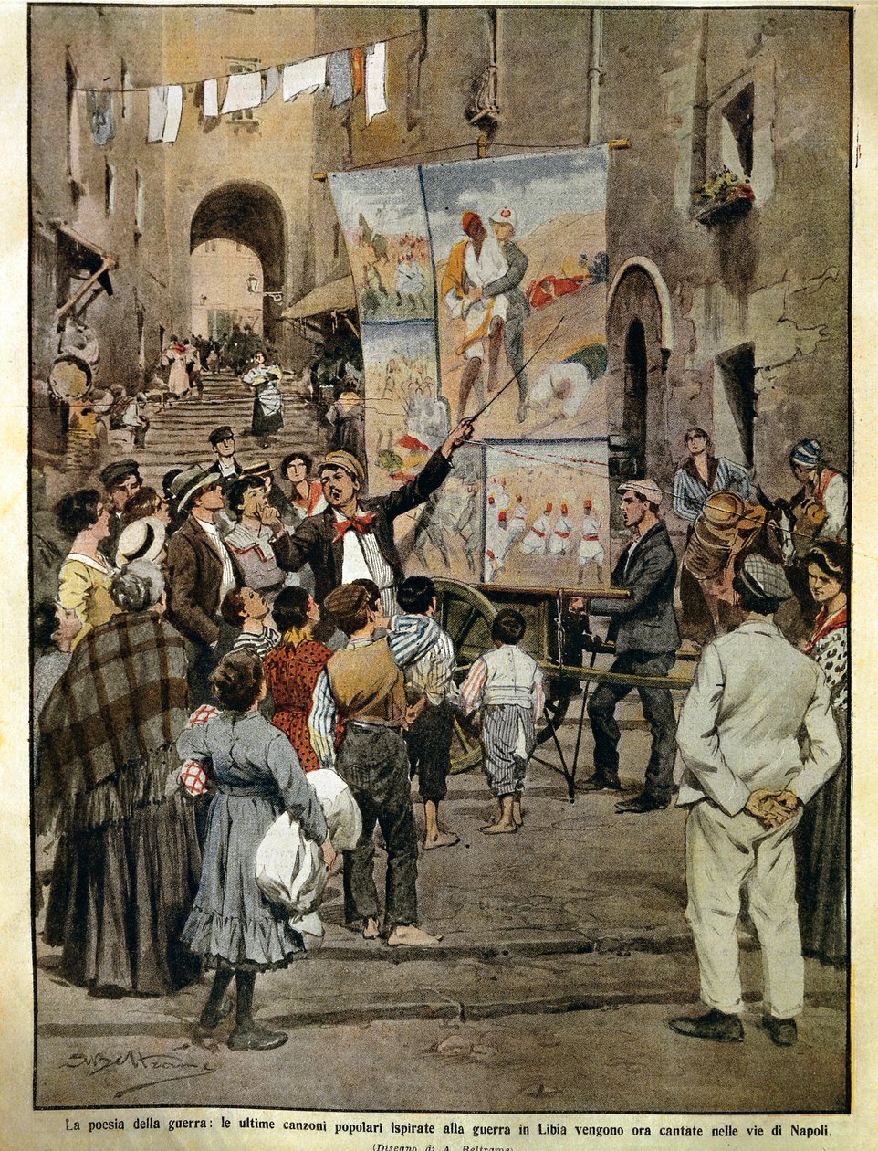 Domenica del Corriere (italiensk söndagstidning) från 8 december 1910, folksånger inspirerade av kriget i Libyen sjungs i Neapel av balladsångare, av Achille Beltrame, illustration av Achille Beltrame