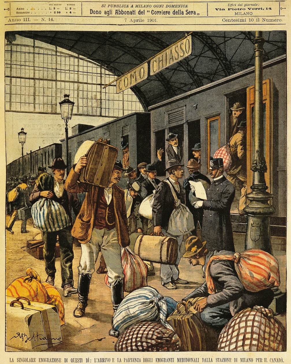 Den stora emigrationen: ankomster och avgångar av syditalienska emigranter till Kanada, av Achille Beltrame (1871-1945), från La Domenica del Corriere, 7 april 1901 av Achille Beltrame