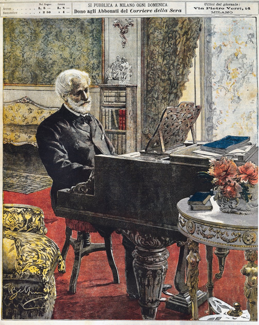 Den italienske kompositören Giuseppe Verdi i sitt arbetsrum, tallrik av Achille Beltrame (1871-1945), La Domenica del Corriere, 8 oktober av Achille Beltrame