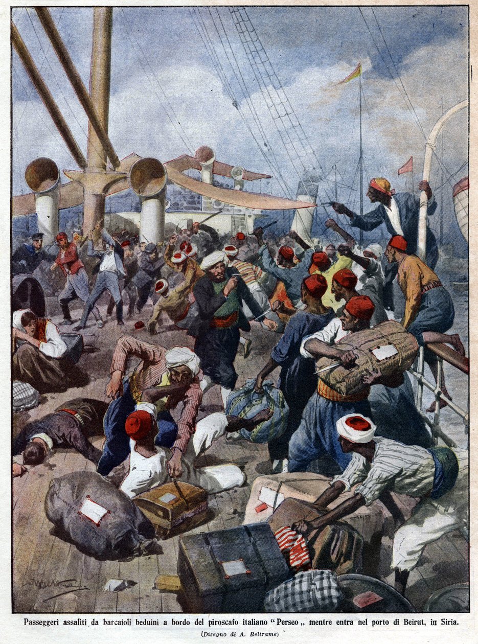 Det italienska linjefartyget "" Perseo"" vid tidpunkten för inresan i hamnen i Beirut i Syrien stormas av sjöbanditer - i "La Domenica del Corriere"" 07/1913. Illustration av Beltrame. av Achille Beltrame