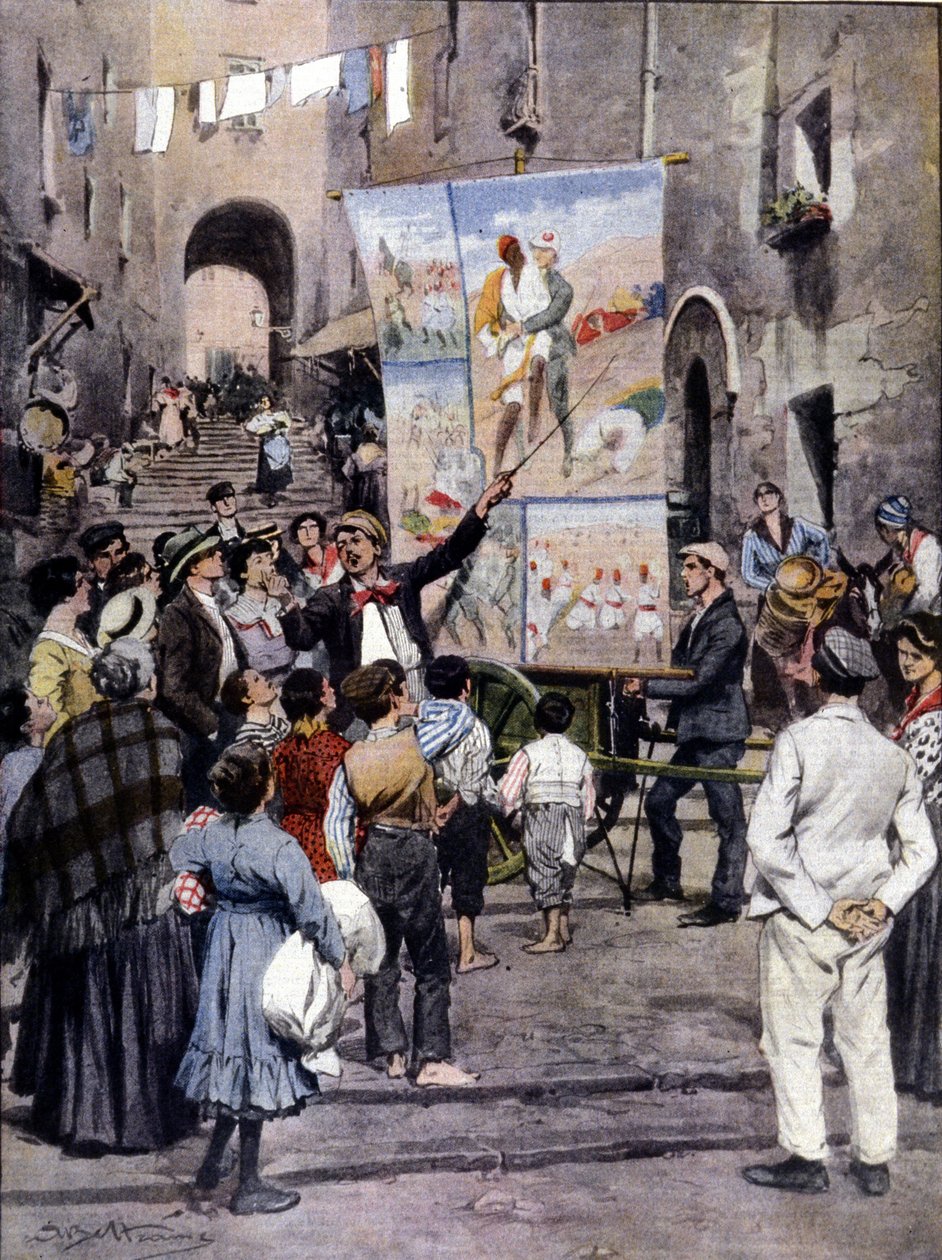 The Poesy of War: De senaste populära låtarna inspirerade av det libyska kriget sjungs på Neapels gator av gatuartister. Ill. de Beltrame. La Domenica del Corriere. 1912 av Achille Beltrame