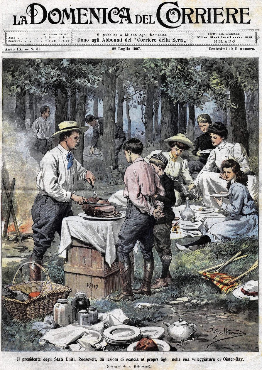 USA:s president Theodore Roosevelt (1858 - 1919) lärde sina söner plikterna för en man i det goda samhället genom att skära av hans ben under en picknick i hans andra bostad i Oister Bay. Illustration av Achille Beltrame. La Domenica del Corriere av Achille Beltrame