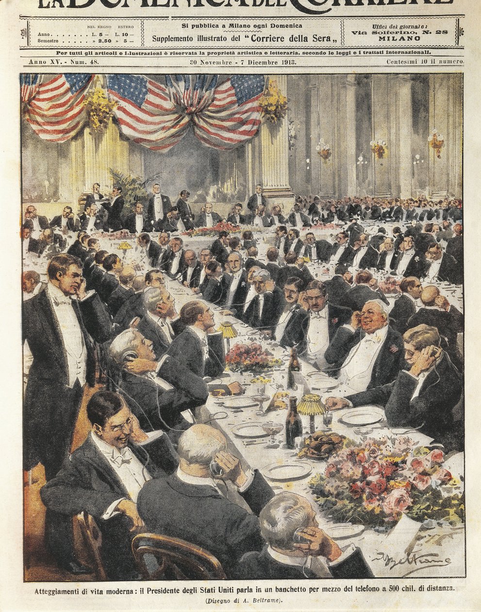 USA:s president talar i telefon på ett avstånd av 500 kilometer. Illustration av Achille Beltrame på den italienska tidningen "La Domenica del Corriere", 20 november av Achille Beltrame