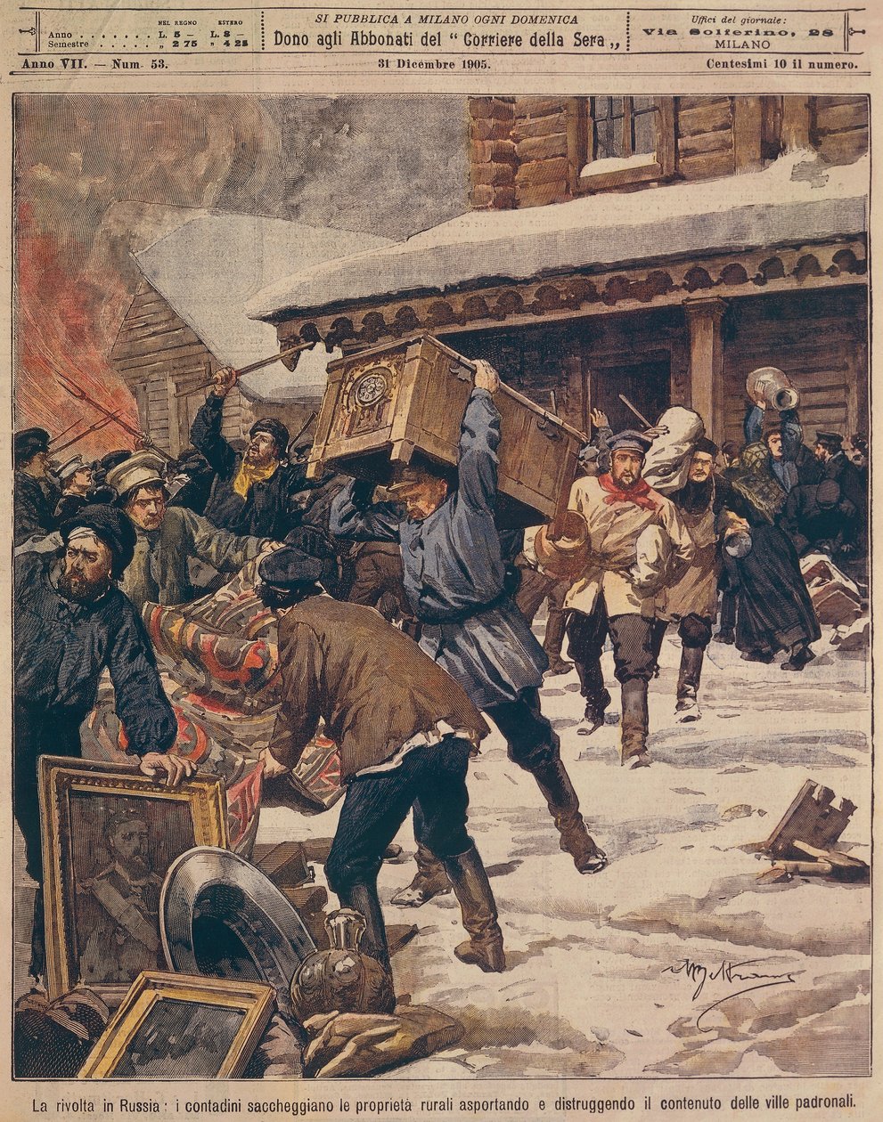 Den ryska revolutionen: Bönder plundrar egendomar på landsbygden rika, av Achille Beltrame (1871-1945), från La Domenica del Corriere, december 1905 av Achille Beltrame