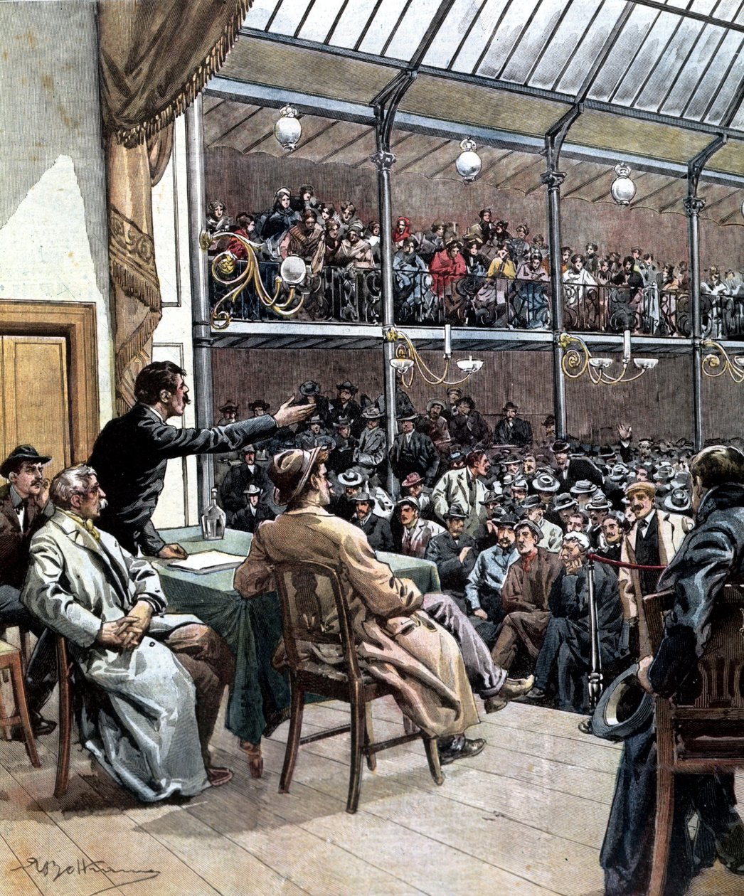 Uppkomsten av de första fackföreningarna i Milano 1901. Ill. de Beltrame. La Domenica del Corriere 