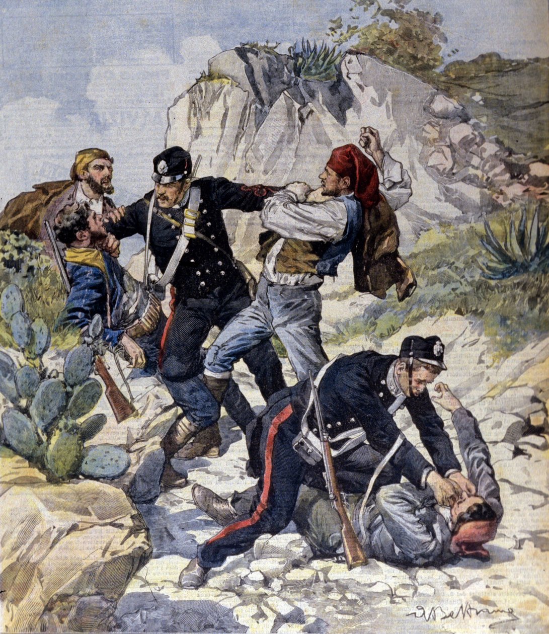 Gripandet av tre farliga rånare nära Trapani på Sicilien. Illustration av Beltrame. La Domenica del Corriere. 23/02/1902. av Achille Beltrame