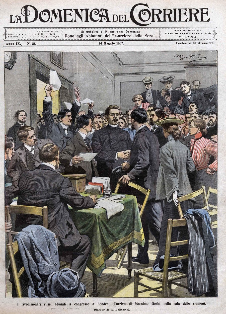 Maxim Gorkis ankomst till mötesrummet på kongressen i London efter revolutionen 1905 i Ryssland. Omslag till La Domenica del Corriere från 1907-05-26. av Achille Beltrame