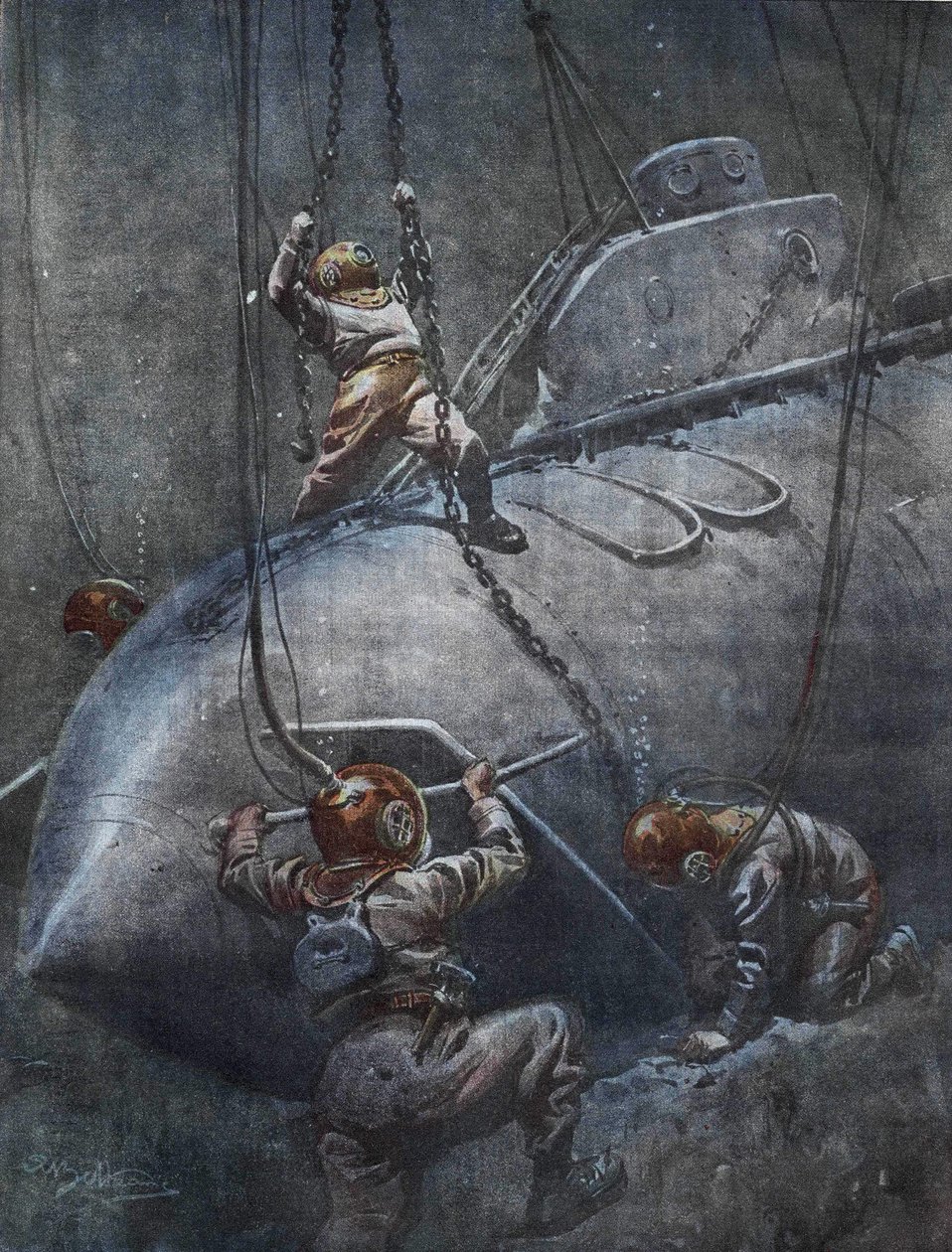 Katastrofen för den franska ubåten "Pluviose"" 1910. Scaphandlers försöker fixa kedjorna för att dra upp den. Illustration av Achille Beltrame. av Achille Beltrame