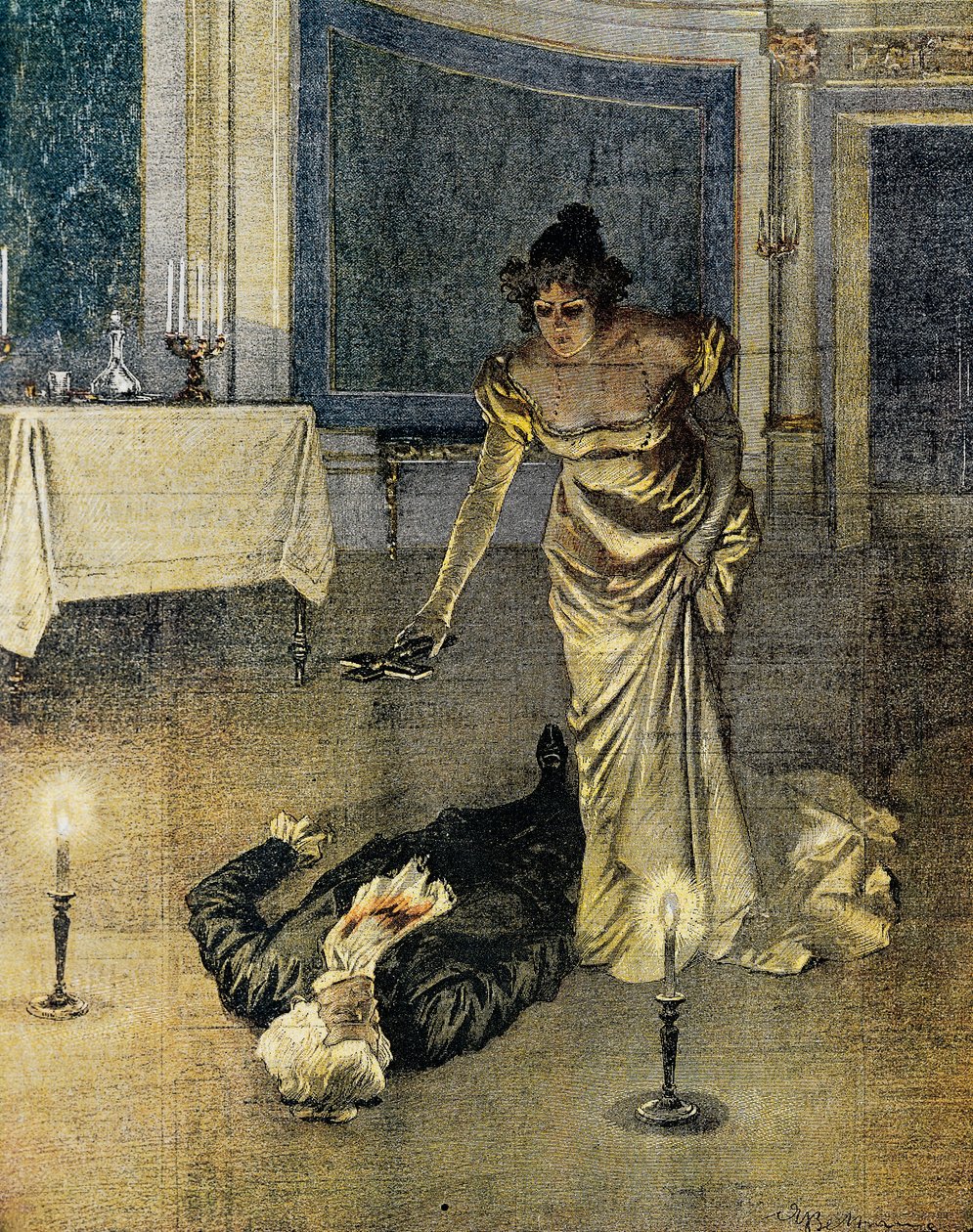 Scarpias död i slutet av akt II av Tosca av Giacomo Puccini, tallrik av Achille Beltrame (1871-1945), La Domenica del Corriere, 4 februari av Achille Beltrame