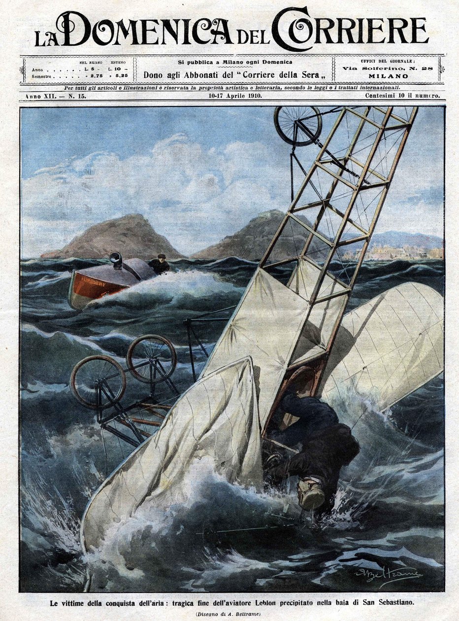 Luftens drama: flygmannen Leblons tragiska slut rusade in i San Sebastian-bukten. Illustration av Beltrame. La Domenica del Corriere. 10-17/04/1910. av Achille Beltrame