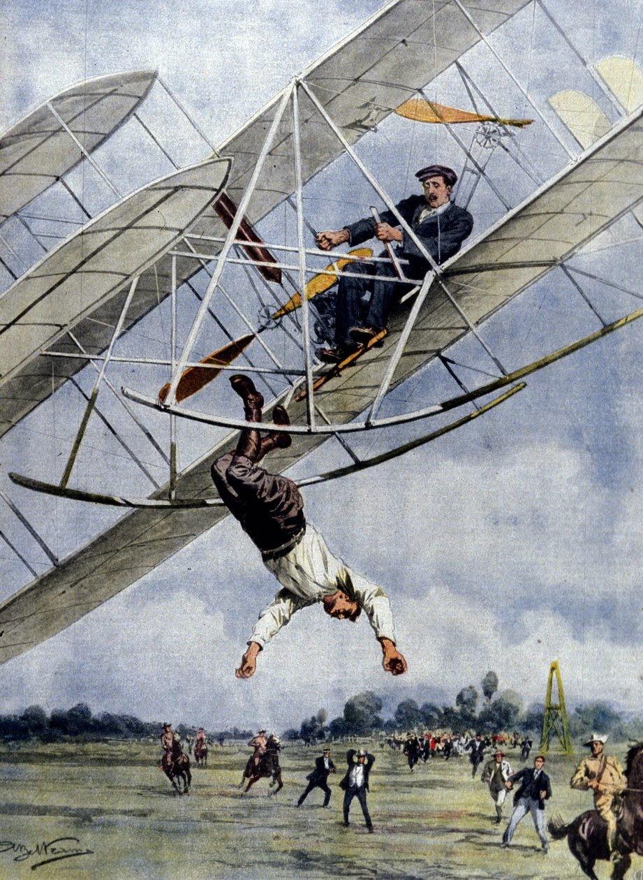 Luftens drama: Orville Wright och den amerikanske löjtnanten Selfridge rusar med sitt plan från trettio meters höjd. Illustration av Beltrame. La Domenica del Corriere. 1908. av Achille Beltrame