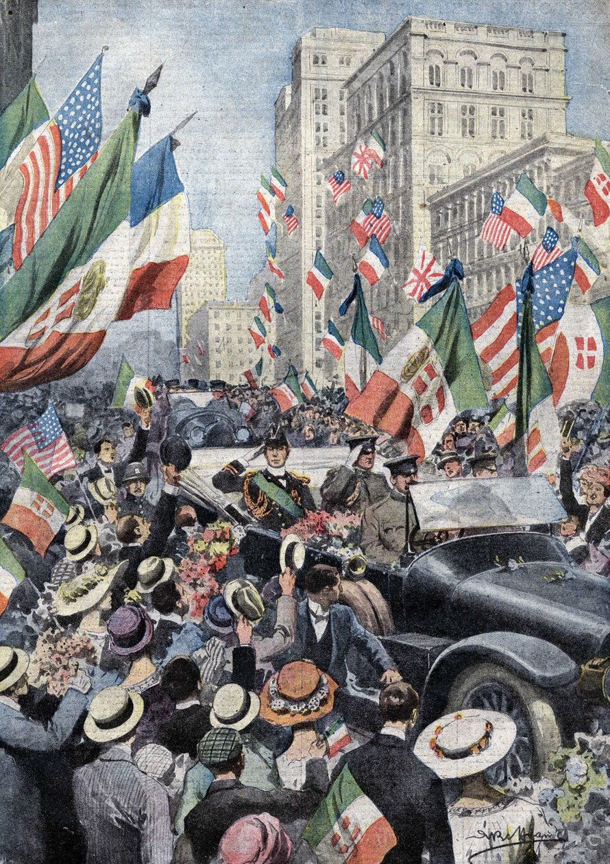 Det entusiastiska välkomnandet av det amerikanska folket till Ferdinand de Savoy, hertig av Genua och prins av Udine (1884 - 1963) när han anlände till Boston. Ill. de Beltrame. La Domenica del Corriere. 06/1917. av Achille Beltrame