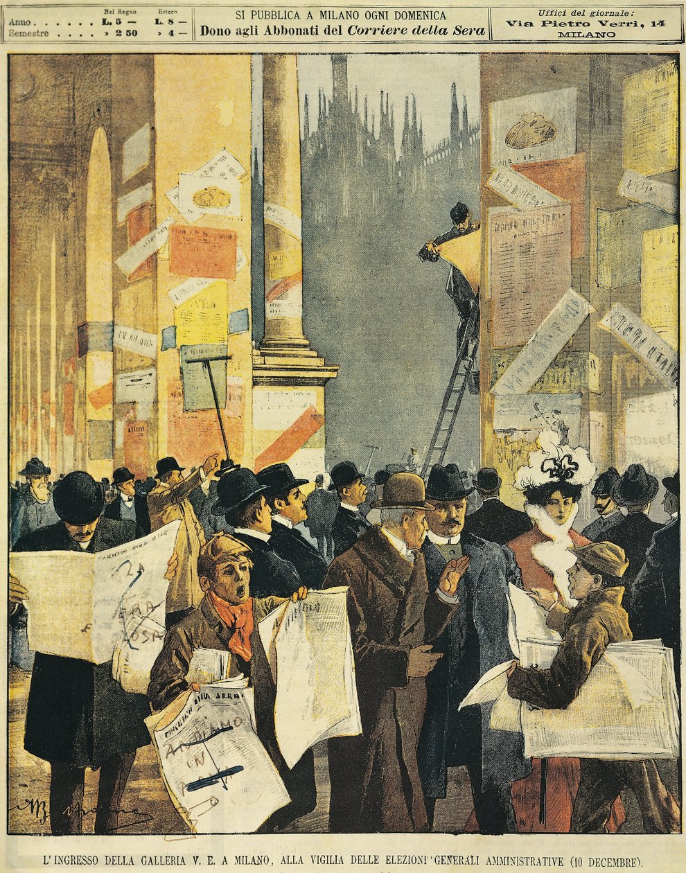 Ingången till Galleria Vittorio Emanuele i Milano, på tröskeln till allmänna administrativa val, av Achille Beltrame (1871-1945), från La Domenica del Corriere av Achille Beltrame