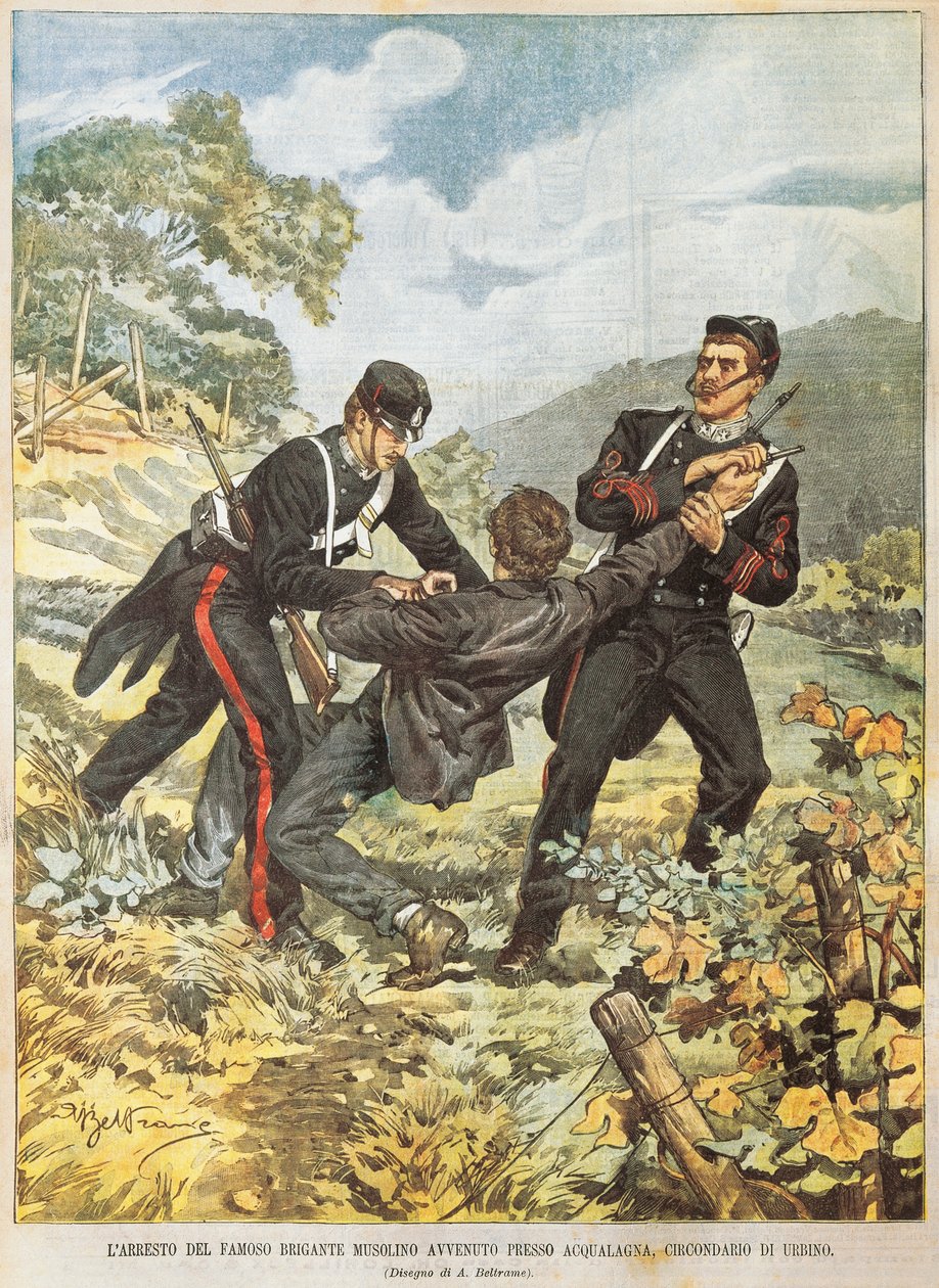 Den berömda briganden Musolino arresteras nära Acqualagna i distriktet Urbino, av Achille Beltrame (1871-1945), från La Domenica del Corriere, 27 oktober 1901 av Achille Beltrame