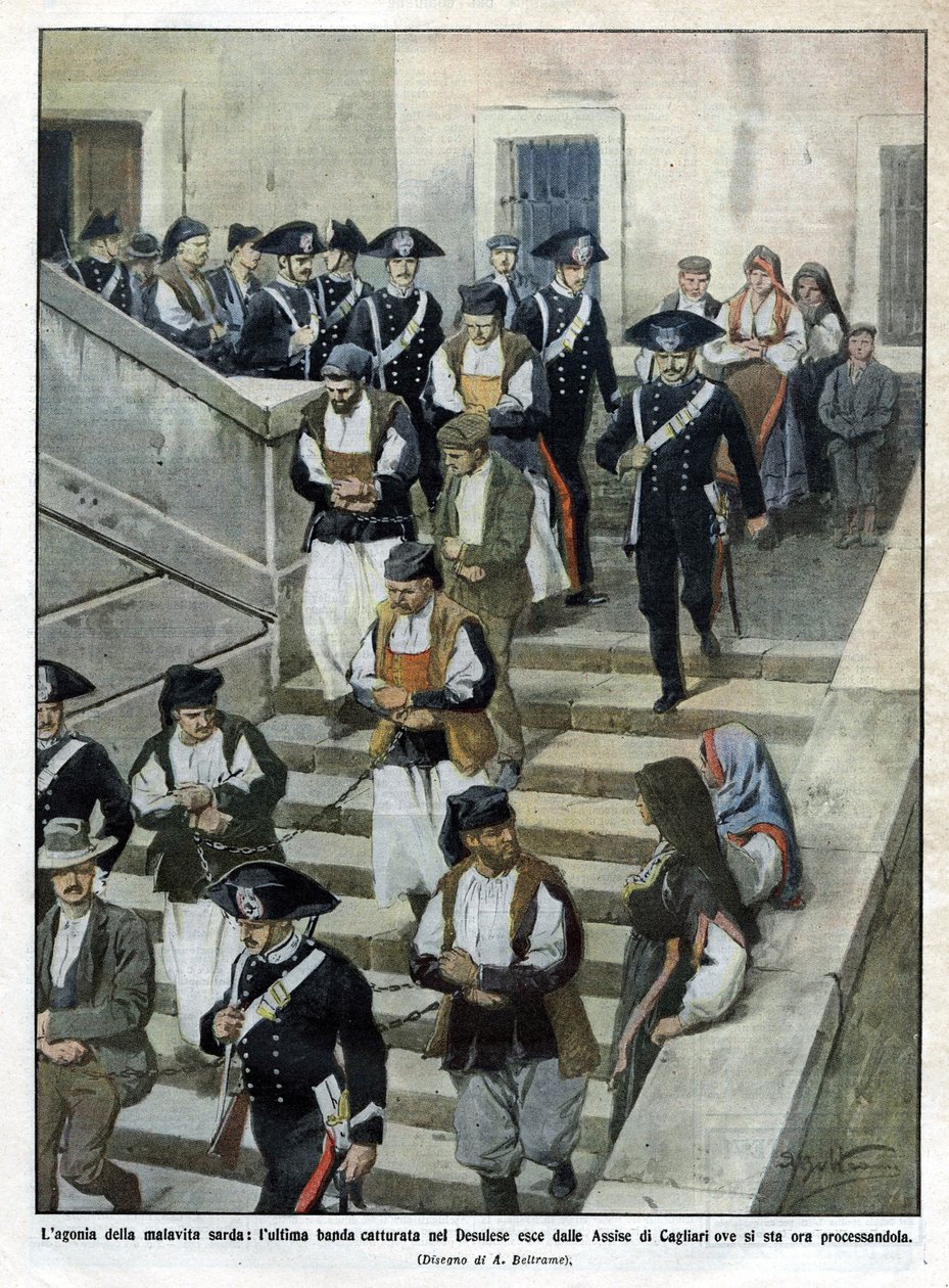 Det sista gänget av sardiska malfrats när de lämnar Assize Court i Cagliari där rättegången äger rum. Illustration av Beltrame. La Domenica del Corriere. 07/1913. av Achille Beltrame
