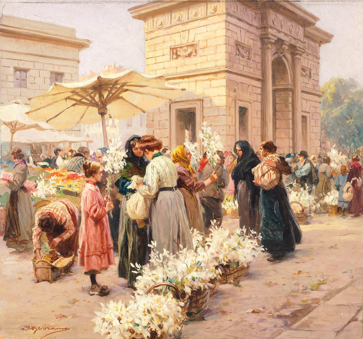 Liljemarknaden vid Porta Garibaldi i Milano, av Achille Beltrame (1871-1945), från La Domenica del Corriere, Italien 1900-talet av Achille Beltrame