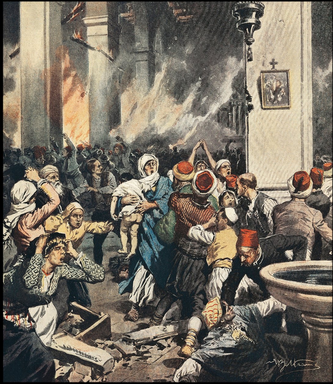 Maskrerna på armenier i Turkiet 1909 i Adana, illustration av Achilles Beltrame (1871-1945) i "La Domenica del Corriere"" i maj 1909 av Achille Beltrame