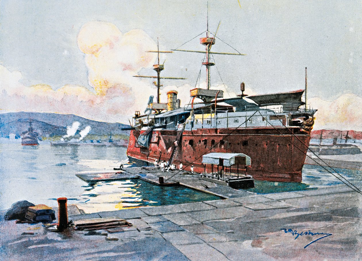 Det gamla skeppet Castelfidardo i La Spezia av Achille Beltrame